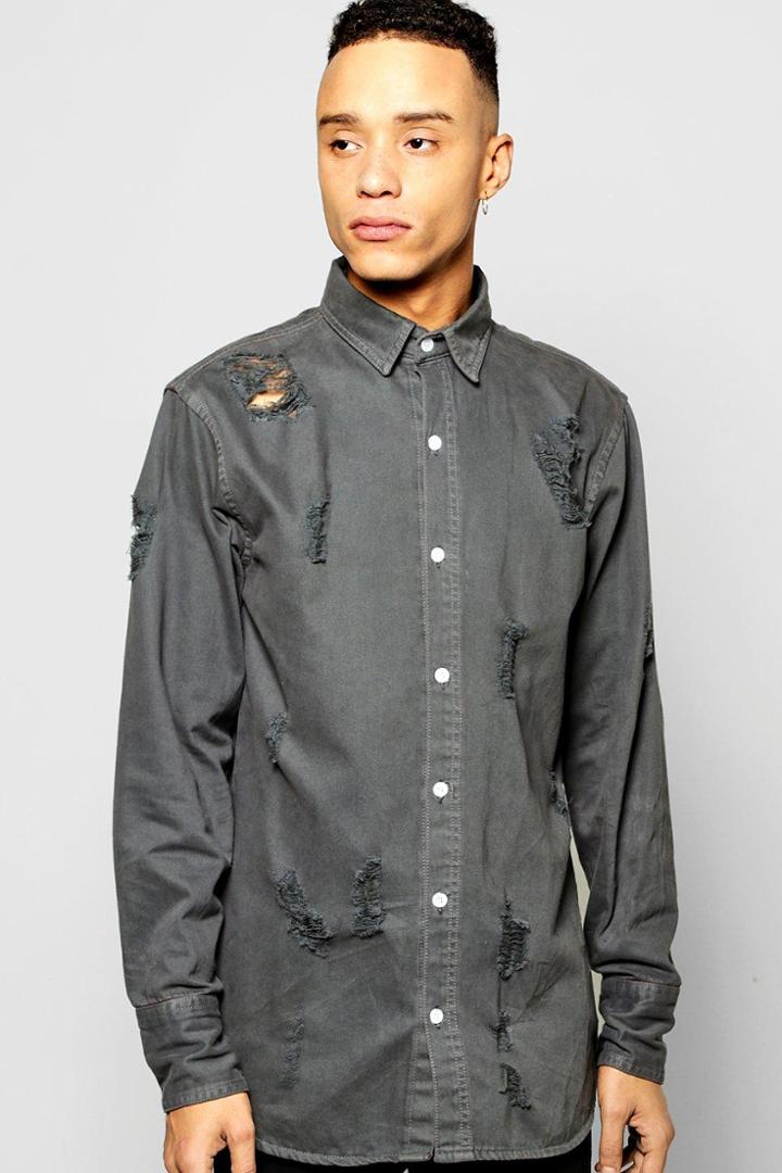 Boohoo Destroyed Long Sleeve Denim Shirt Grey
