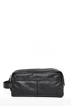 Boohoo Black Real Leather Toiletries Bag