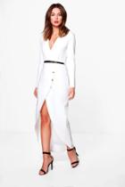 Boohoo Paige Plunge Button Tailored Midi Dress Ivory