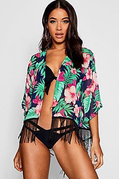 Boohoo Floral Fringe Trim Beach Kimono
