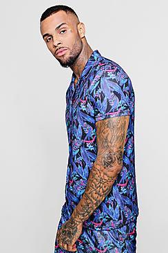 Boohoo Muscle Fit Leaf Print Revere Shirt Co-ord