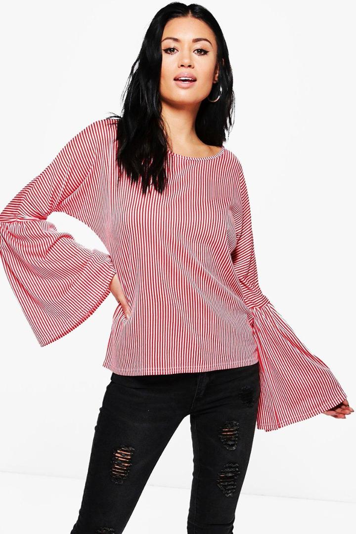 Boohoo Isabel Stripe Flare Sleeve Top Red