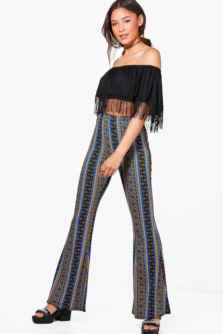 Boohoo Anna Bohemian Print Skinny Flared Trousers Yellow