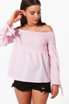 Boohoo Molly Woven Stripe Off The Shoulder Top Pink
