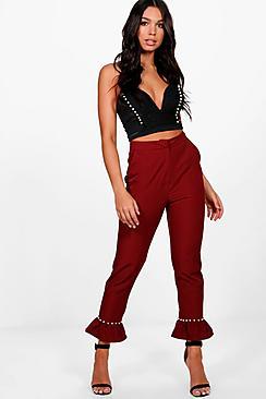 Boohoo Natalia Woven Pearl Frill Hem Slim Trouser