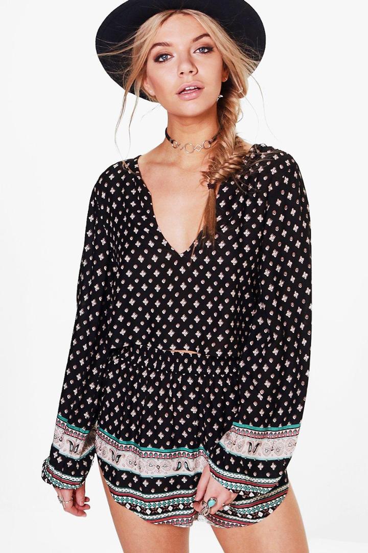 Boohoo Connie Boarder Print Crop & Short Co-ord Black