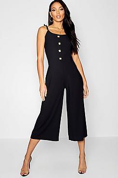 Boohoo Rib Swing Horn Button Culotte Jumpsuit