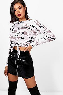 Boohoo Shanie Camo Print Tie Front Top