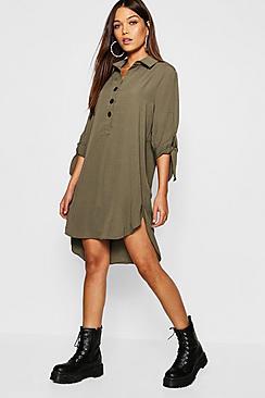 Boohoo Linen Horn Button Tie Sleeve Shirt Dress