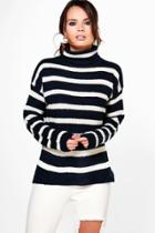 Boohoo Ruby Striped Fisherman Rib Roll Jumper Navy