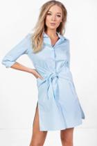 Boohoo Mia Tie Waist Stripe Shirt Dress Blue