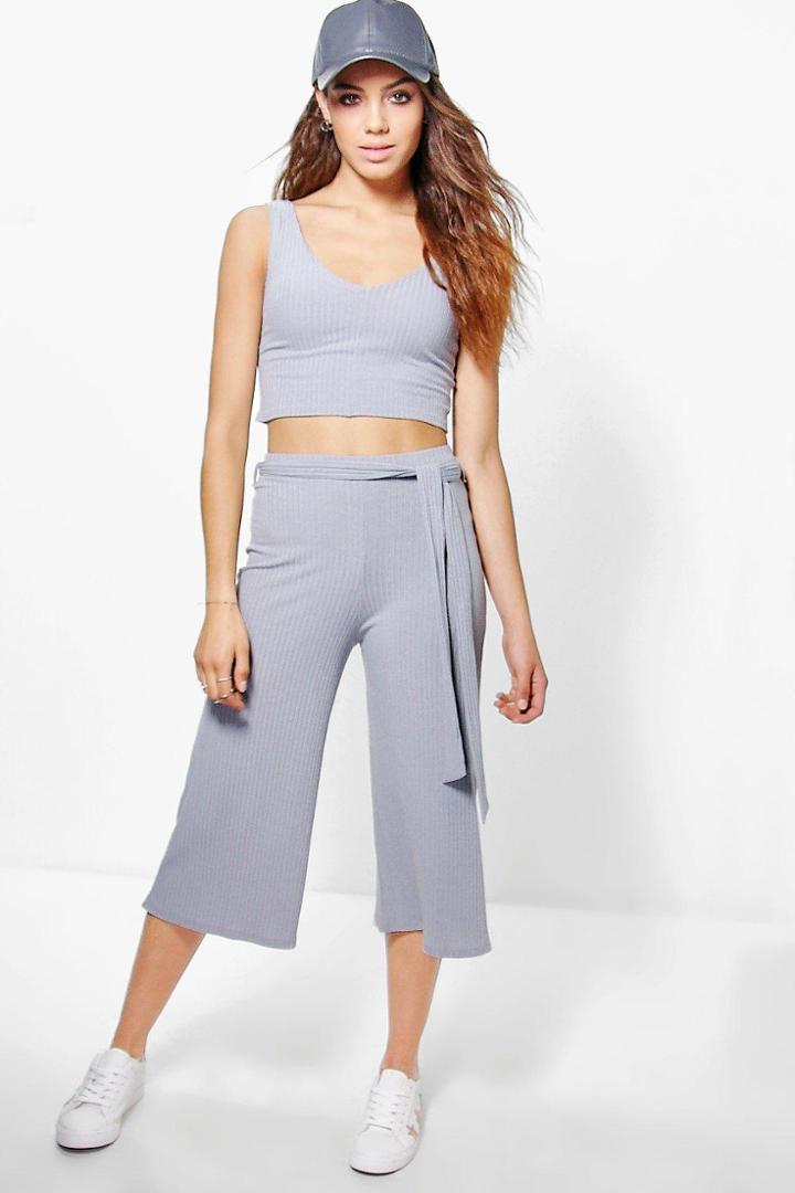 Boohoo Ava Rib Crop Top And Culotte Co-ord Set Silver