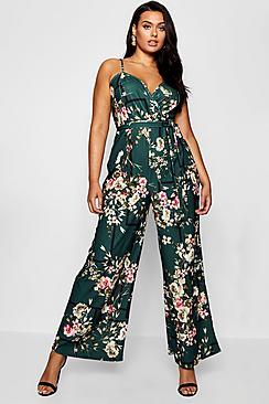 Boohoo Plus Floral Wrap Front Jumpsuit