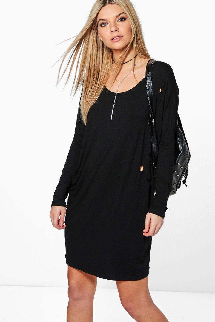 Boohoo Jayne Long Sleeve Distressed Shift Dress Black