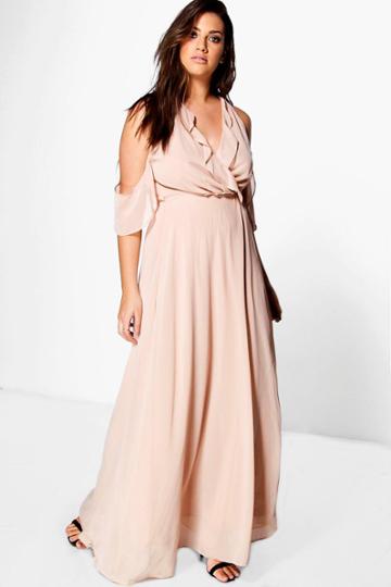 Boohoo Plus Jen Frill Detail Plunge Maxi Dress Blush