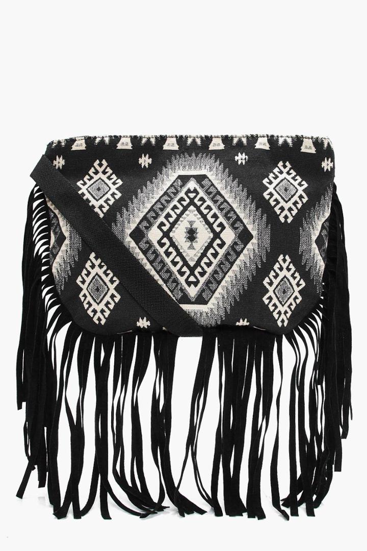 Boohoo Isla Aztec Fringed Cross Body Bag Black