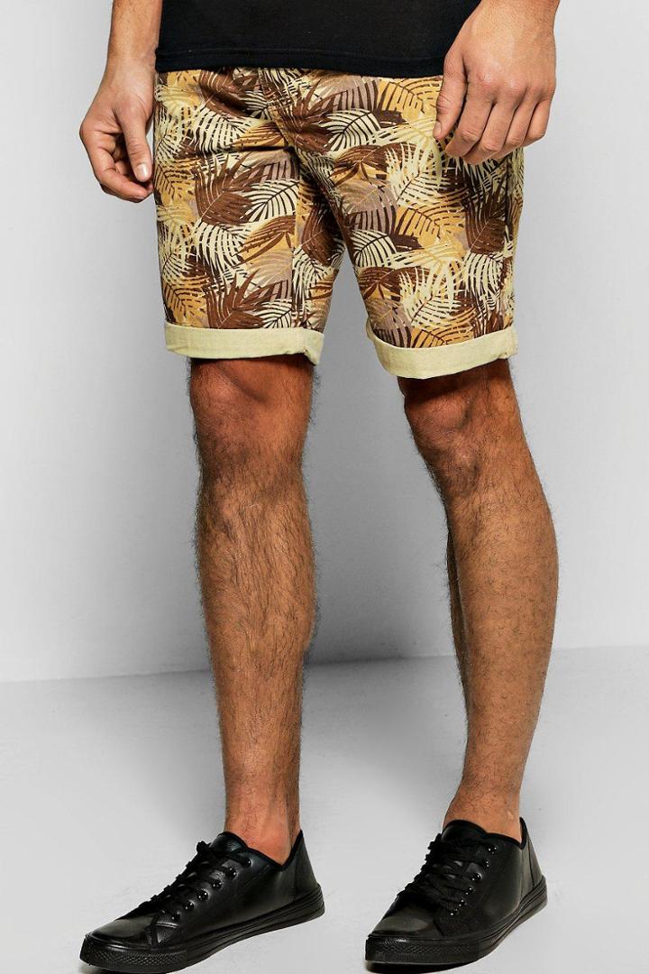 Boohoo All Over Leaf Print Chino Short Tan