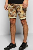 Boohoo All Over Leaf Print Chino Short Tan
