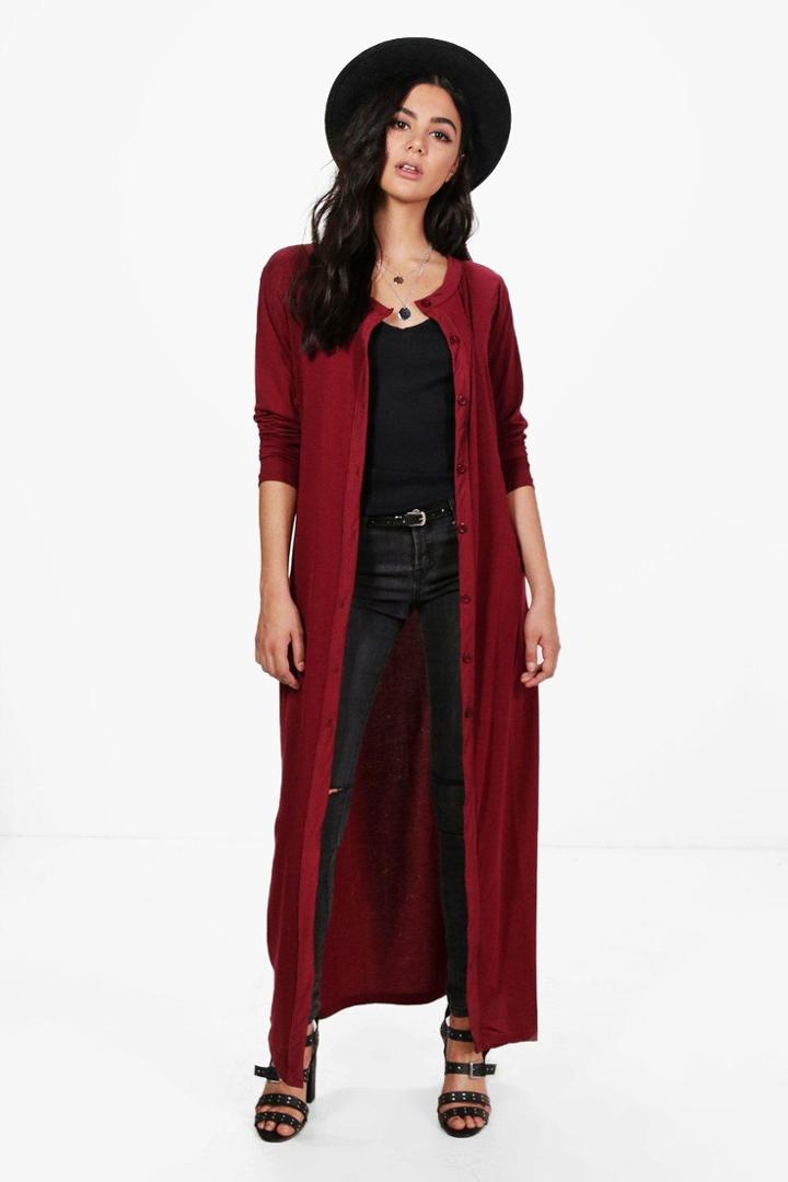 Boohoo Natalie Maxi Button Front Cardigan Wine