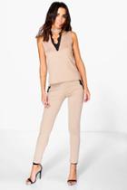 Boohoo Lily Lace Trim Trouser Mocha