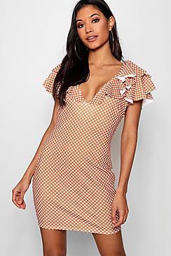 Boohoo Ruffle Frill Shoulder Bodycon Dress