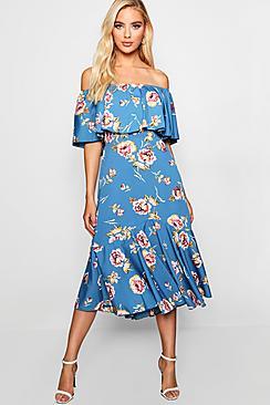 Boohoo Bardot Frill Floral Maxi Dress
