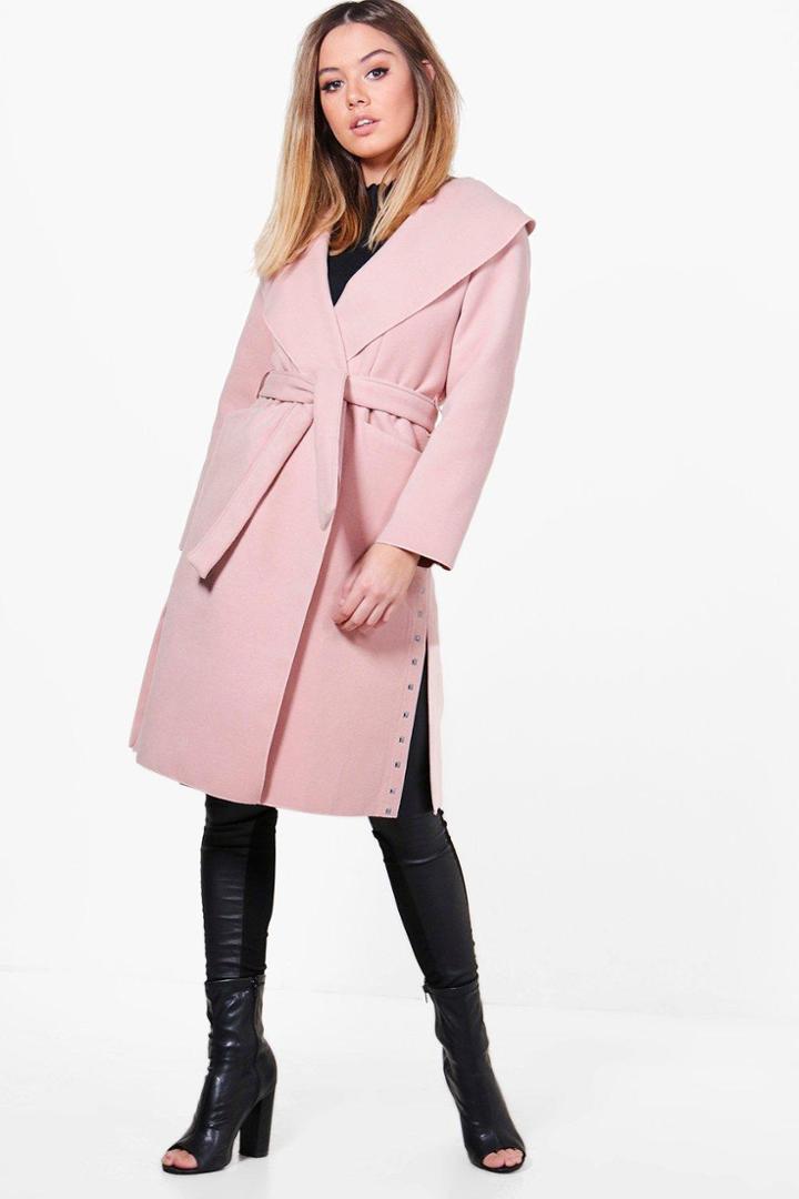 Boohoo Petite Olivia Stud Detail Waterfall Shawl Coat Blush