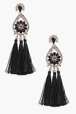 Boohoo Ella Diamante Flower Tassel Earrings