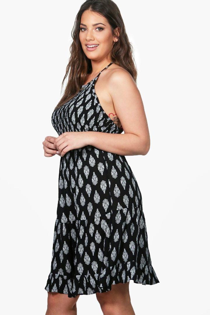 Boohoo Plus Lydia Halterneck Printed Coin Sundress Black