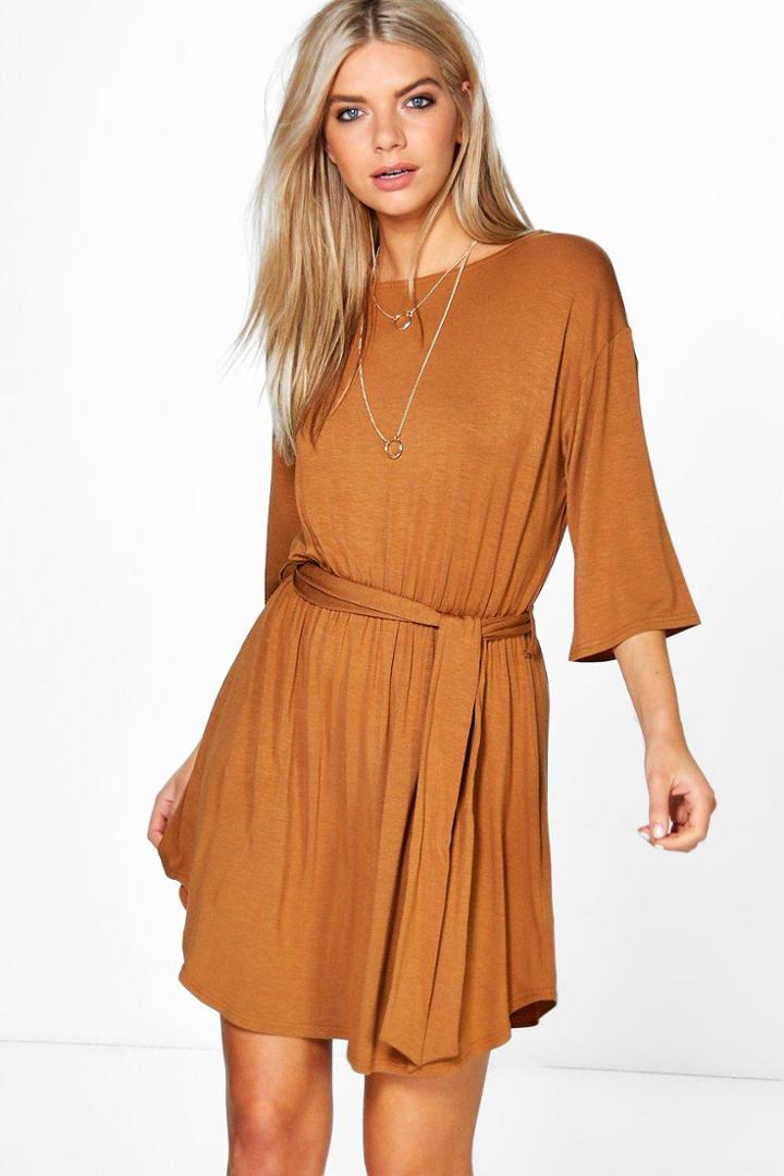 Boohoo Camille Flare Sleeve Tie Waist Shift Dress Tan
