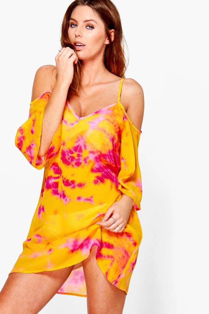 Boohoo Paige Tie Dye Cold Shoulder Beach Dress Pink