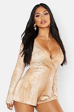 Boohoo Croc Print Slinky Wrap Playsuit