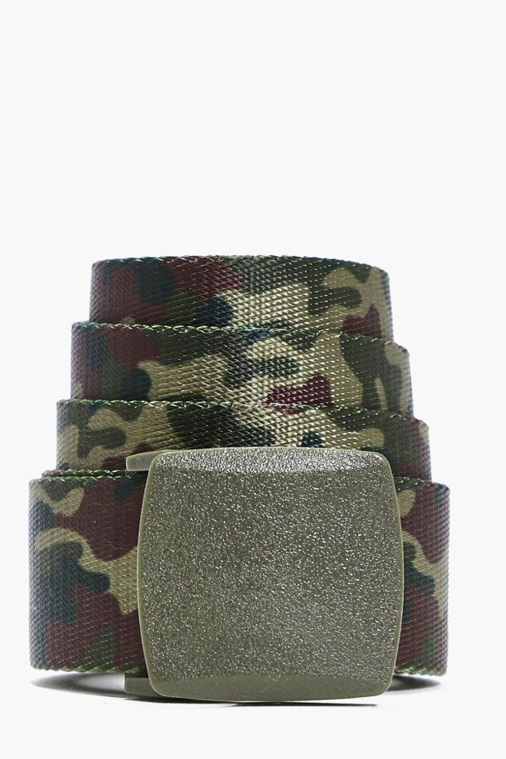 Boohoo Camo Metal Clasp Grosgrain Belt Khaki