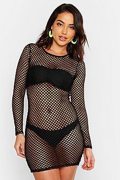 Boohoo Long Sleeve Fishnet Beach Dress