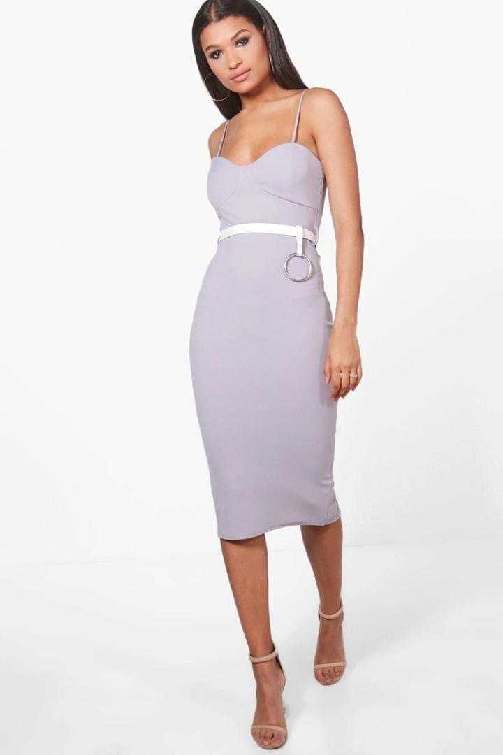 Boohoo Tina Belted O-ring Seam Detail Midi Dress Ice
