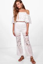 Boohoo Kimmy Lace Top & Cropped Flared Trousers White