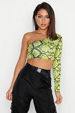 Boohoo Green Snake One Shoulder Top