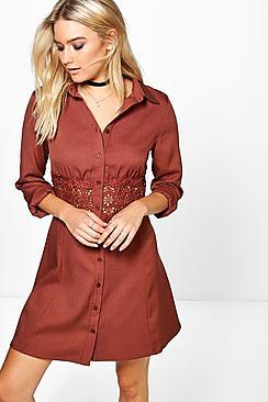 Boohoo Savannah Lace Crochet Waist Shirt Dress