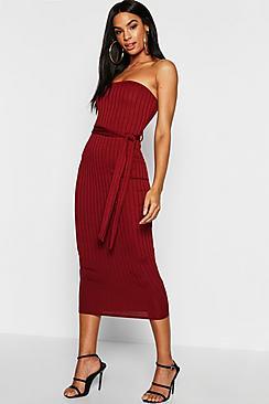 Boohoo Tall Ribbed Bandeau Belted Midaxi Dress