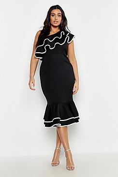 Boohoo Plus One Shoulder Contrast Ruffle Midi Dress