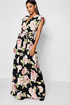 Boohoo Premium Rose Print Wrap Maxi Dress