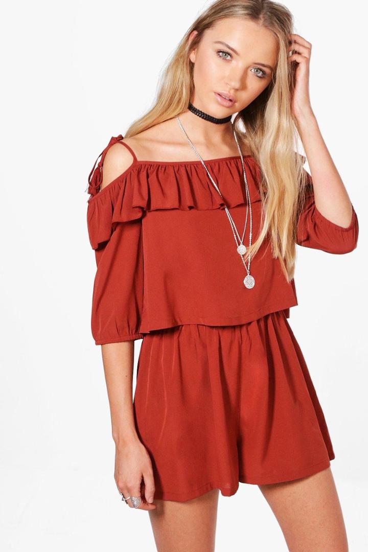 Boohoo Evie Ruffle Open Shoulder Playsuit Rust