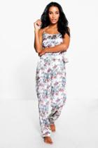 Boohoo Daisy Pretty Floral Satin Tank Top + Trouser Set Cream