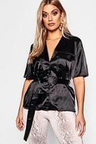 Boohoo Plus Satin Pocket Front Belted Shirt