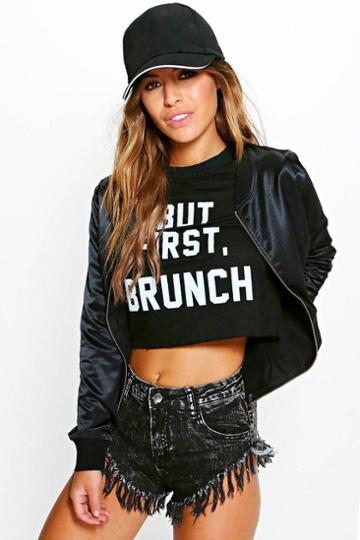 Boohoo Petite Amie Loose Satin Bomber Jacket Black