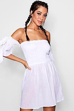 Boohoo Honey Tie Sleeve Bardot Beach Dress