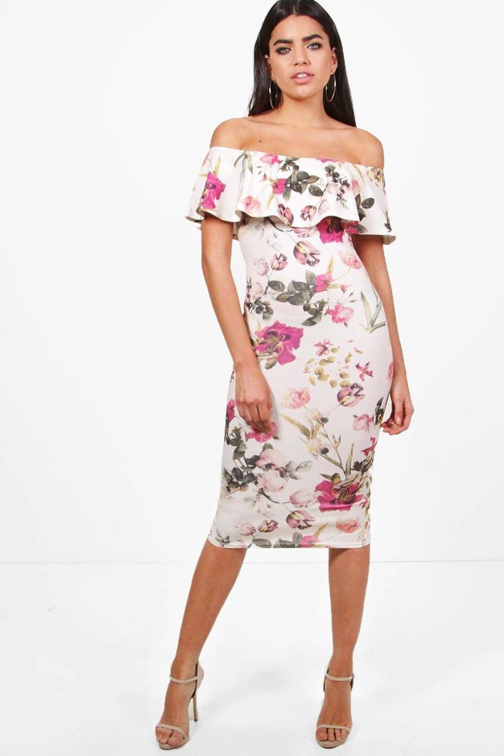 Boohoo Lucy Floral Double Frill Off The Shoulder Midi Dress Multi