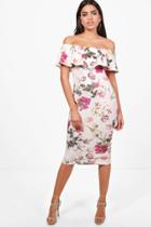 Boohoo Lucy Floral Double Frill Off The Shoulder Midi Dress Multi