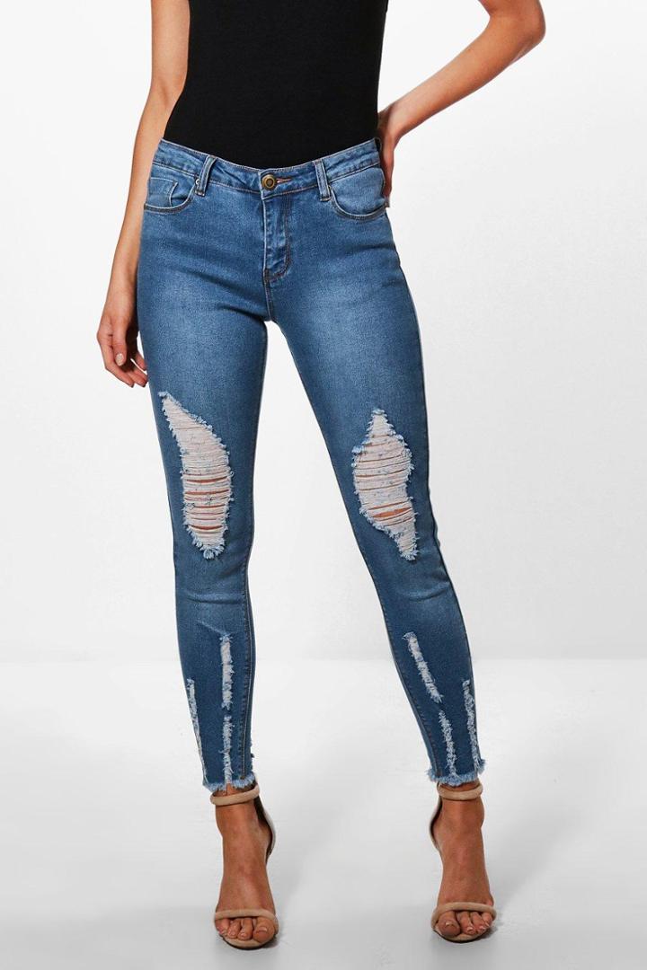 Boohoo Petite Aleena Rip Detail Fray Hem Skinny Jean Blue