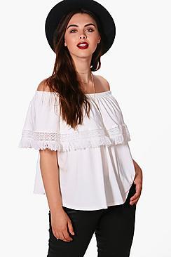 Boohoo Plus Jinny Tassel Hem Off The Shoulder Top